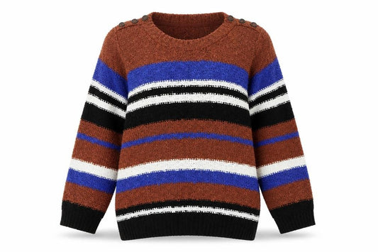 Front view of Debenhams women’s brown striped jumper, size UK 12, - blue