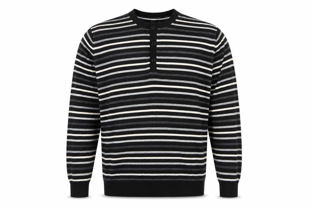 Front view of Next men’s black striped knit jumper, size M