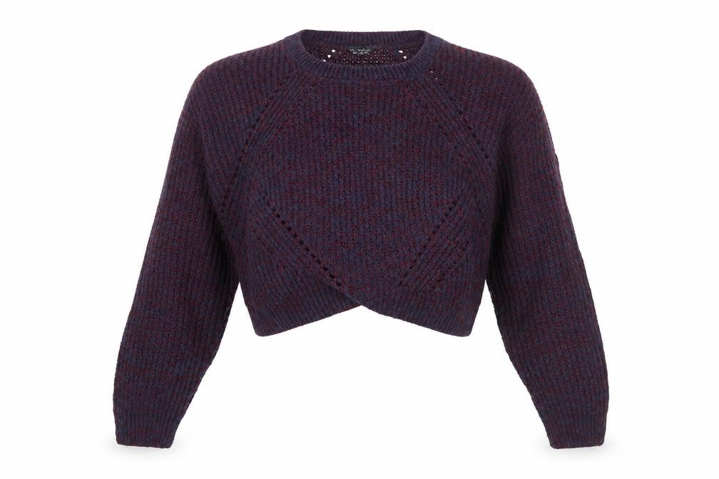 Front view of Miss Selfridge women’s blue knit jumper, size UK 14