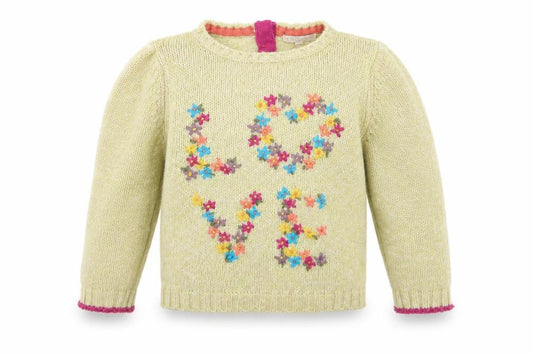 Front view of Indigo girls’ green floral knit jumper, size 5-6, years - love