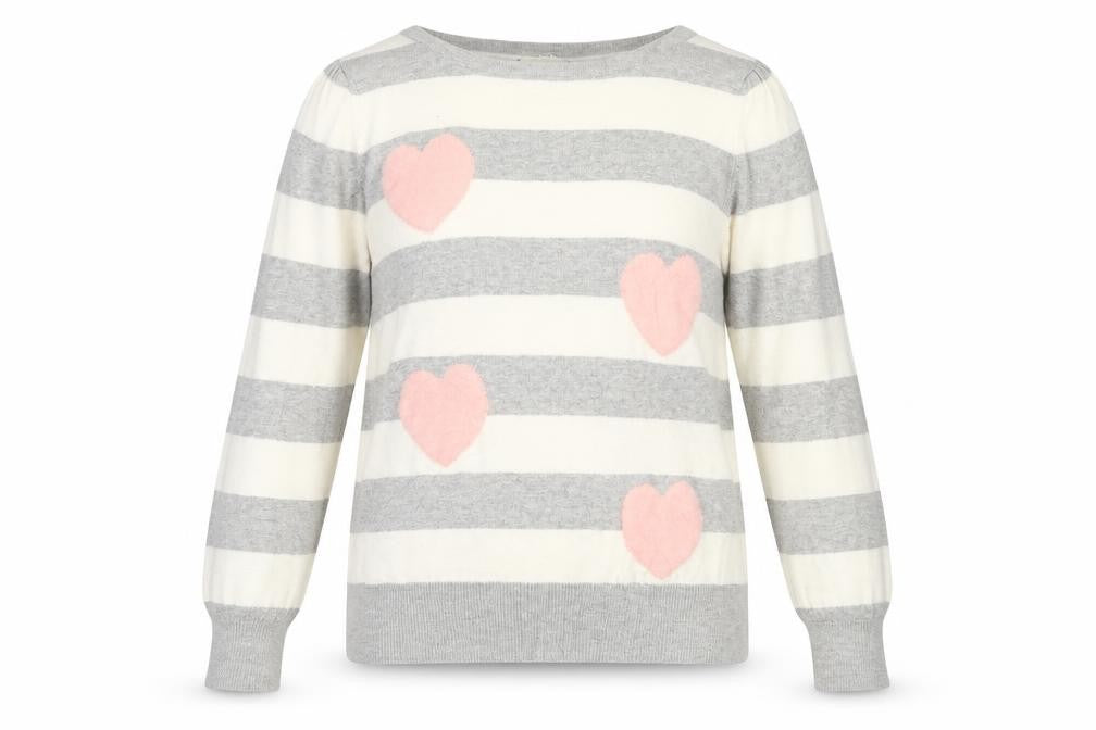 Front view of Hoi Polloi women’s ivory striped jumper, size UK 12