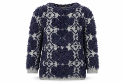 Front view of B.YU girls’ blue colourblock henley jumper, size XS, - fluffy
