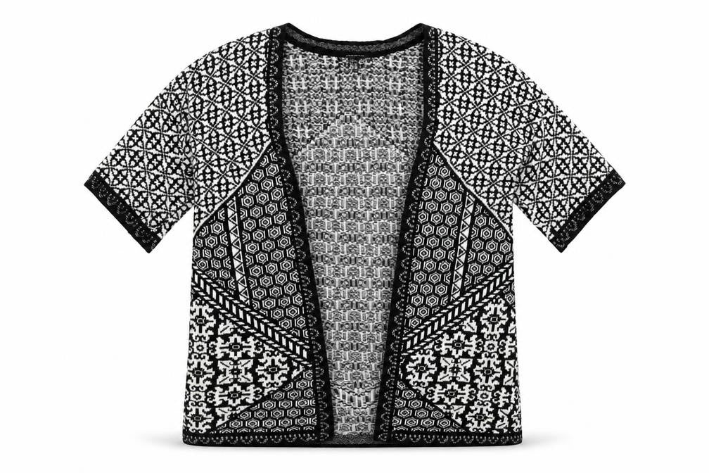 Front view of Atmosphere women’s multicoloured geometric knit cardigan jumper, size S