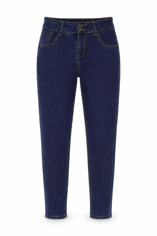 Front view of women’s blue denim mom jeans, size UK 28, 28-inch leg