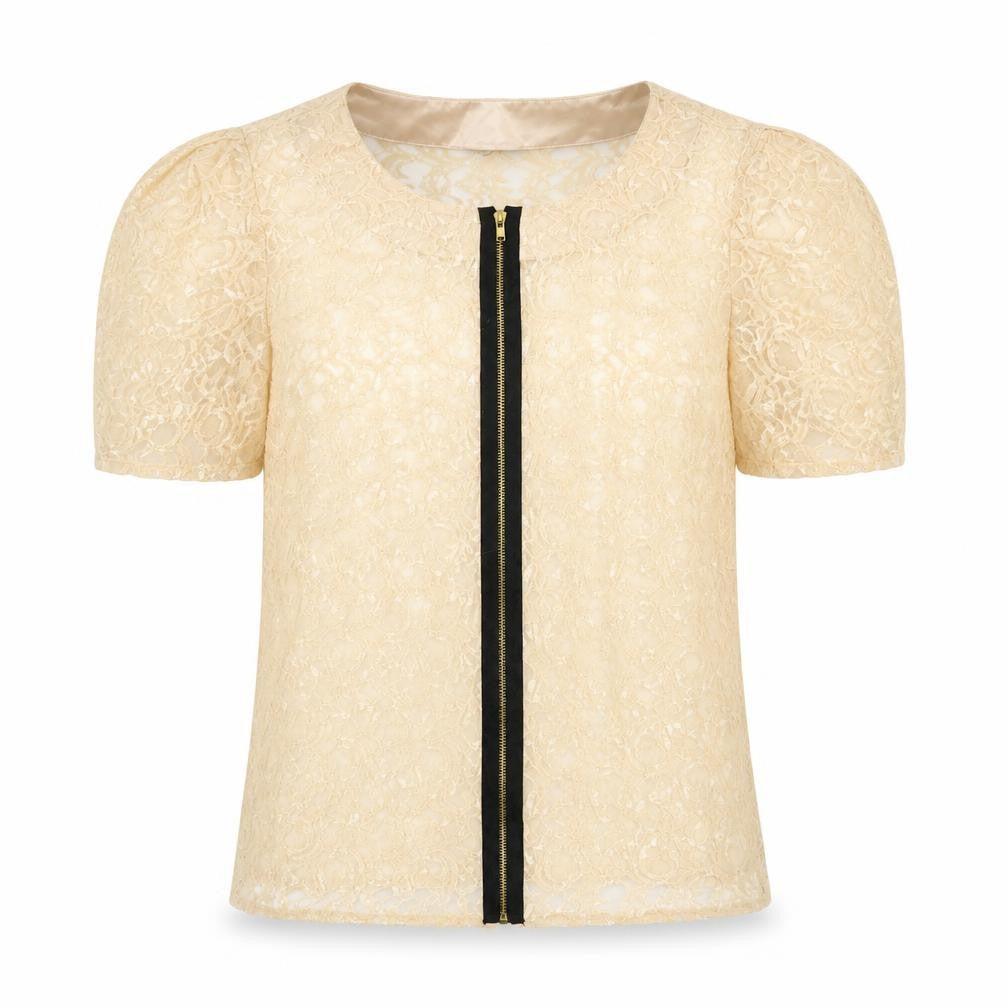 Front view of Preworn women’s beige floral lace basic blouse, size M