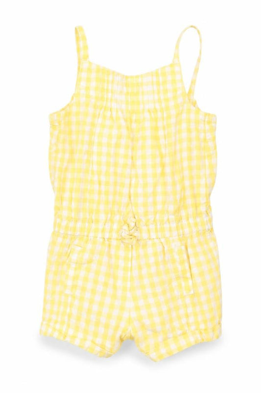 Front view of Miniclub girls’ yellow check dungaree one-piece, size 9-12, months