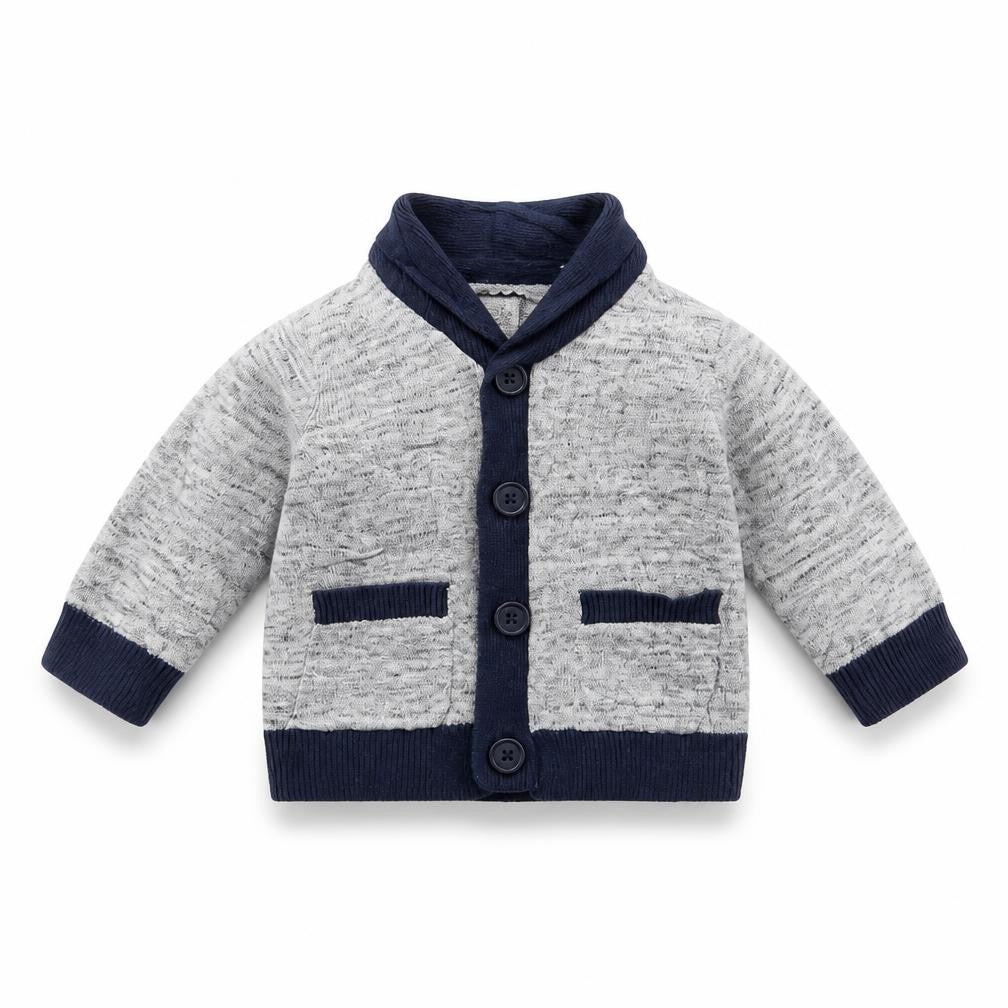 Front view of Early Days Baby Grey Cardigan Jumper, size 0-3, Months