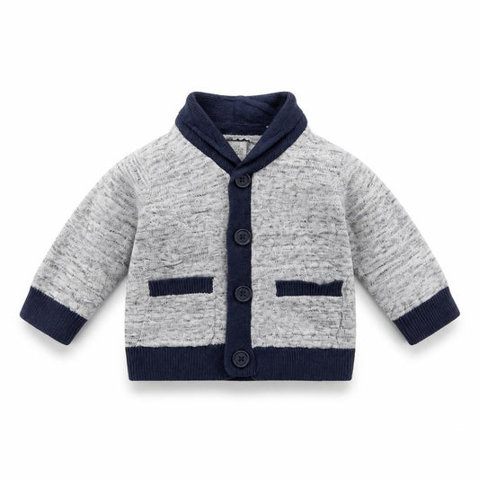 Front view of Early Days Baby Grey Cardigan Jumper, size 0-3, Months