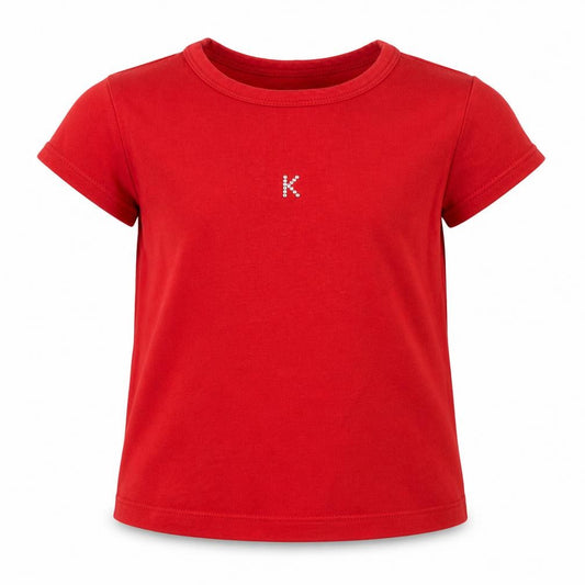 Front view of Karpi girls’ red basic t-shirt, size 4, years