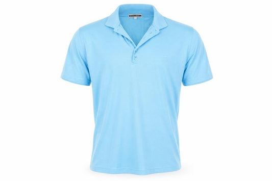 Front view of South Lodge men’s blue polo, size M