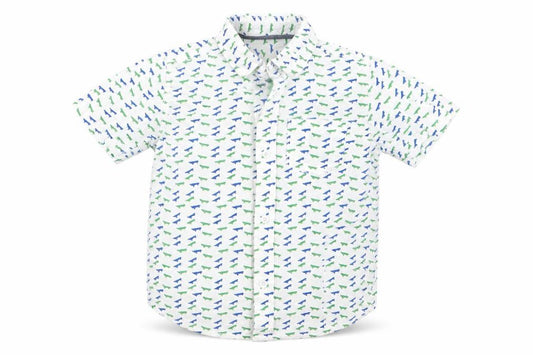 Front view of Preworn boys’ white fair isle basic button-up, size 3, years - v