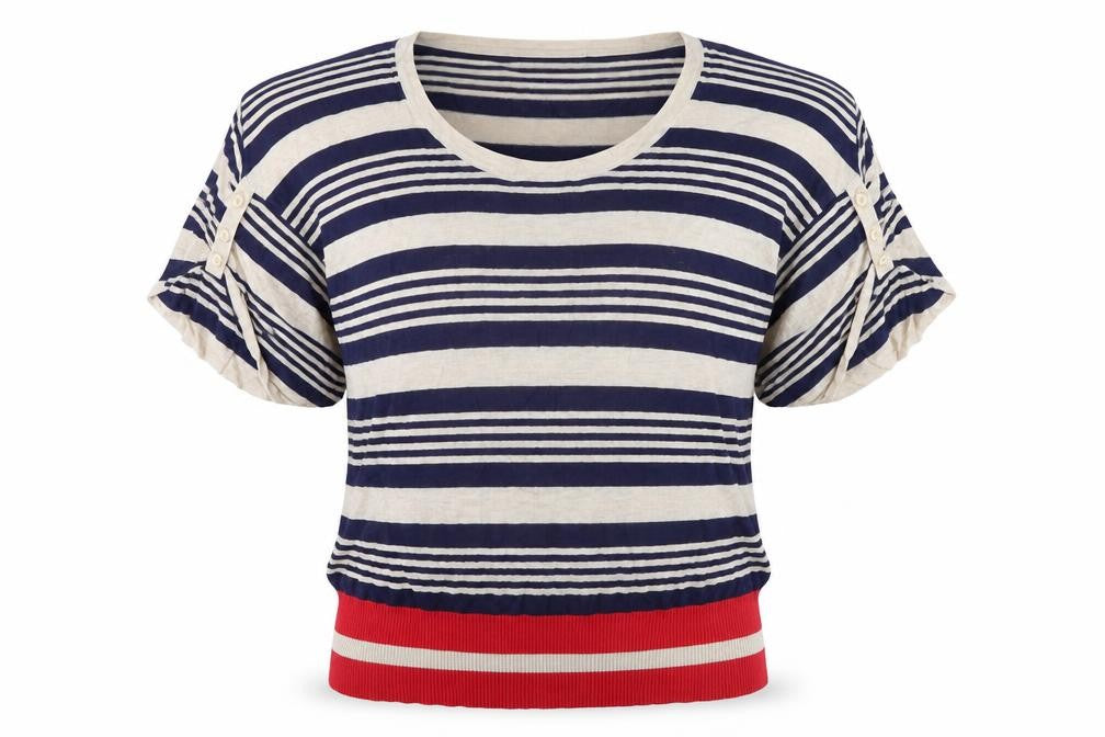 Front view of New Look women’s multicoloured striped jumper, size UK 12