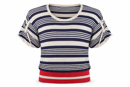 Front view of New Look women’s multicoloured striped jumper, size UK 12