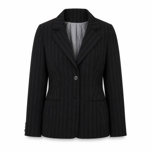 Front view of Preworn women’s black jacket suit jacket, size UK 12