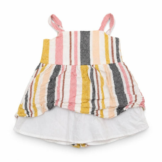 Front view of Primark girls’ multicoloured striped pinafore/dungaree dress, size 18-24, months