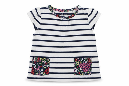Front view of Tu girls’ white striped basic t-shirt, size 3-6, months