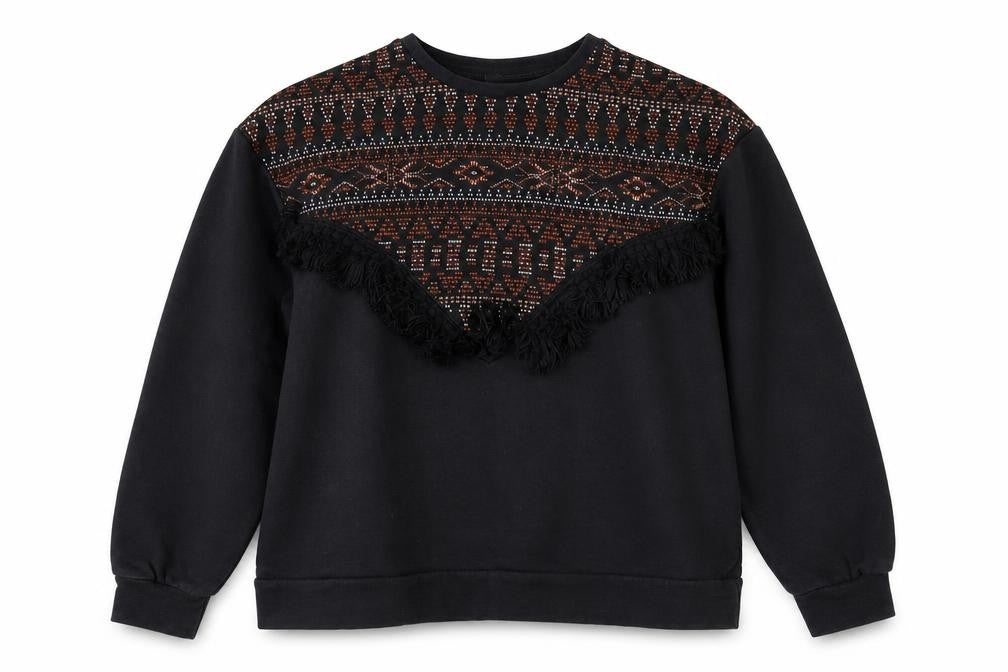 Front view of Pull&Bear pull & women’s black geometric pullover sweatshirt, size M