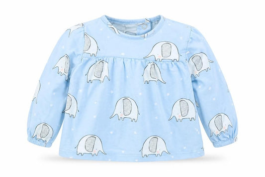 Front view of Tu girls’ blue basic t-shirt, size 0-3, months - elephant print