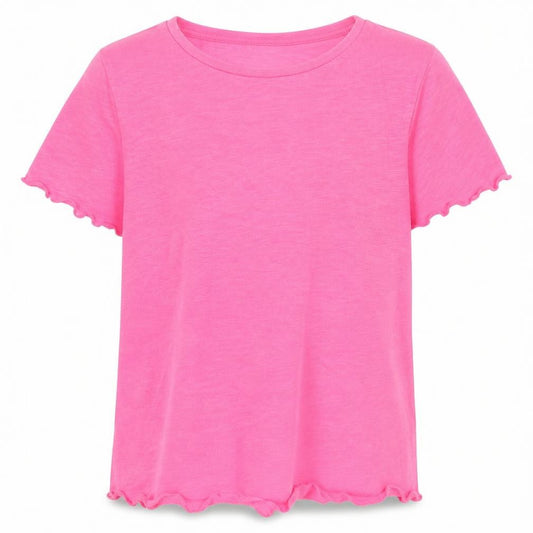 Front view of I love girls’ wear girls pink basic t-shirt, size 9, years - frill detail