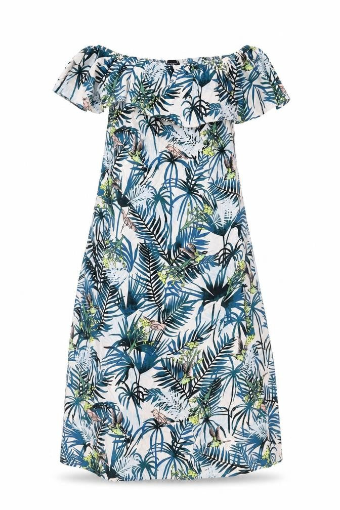 Front view of Primark women’s blue floral trapeze & swing, size UK 4, - leaf pattern