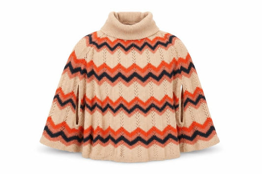 Front view of Next girls’ beige geometric cape jumper, size 5-6, years