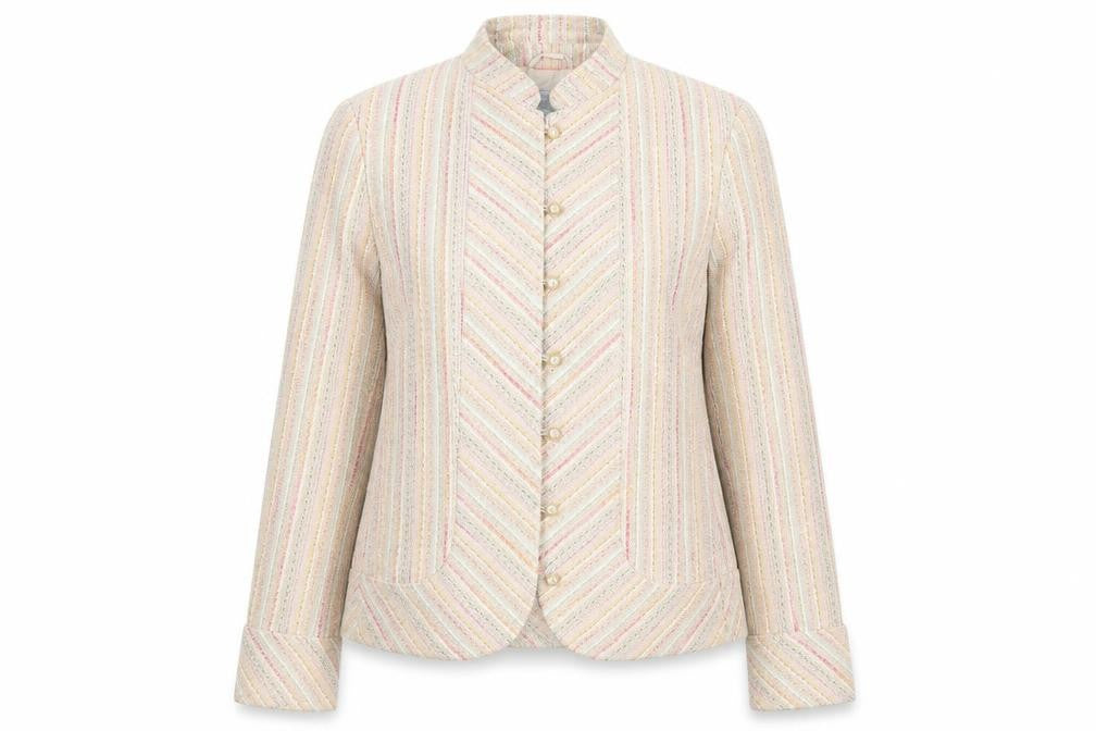 Front view of Marks & Spencer women’s beige striped jacket blazer, size UK 14