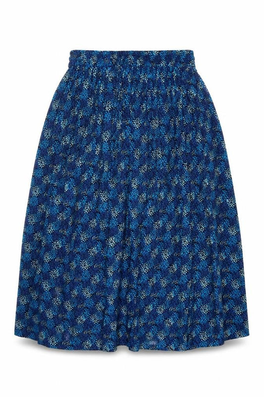 Front view of Akal Collection women’s blue floral flare skirt, size M, - stretch waistband