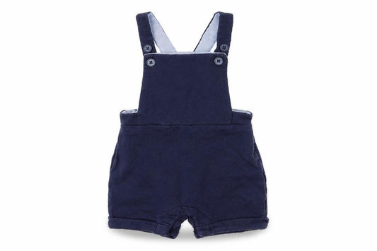 Front view of Matalan boys’ blue dungaree one-piece, size 6-9, months