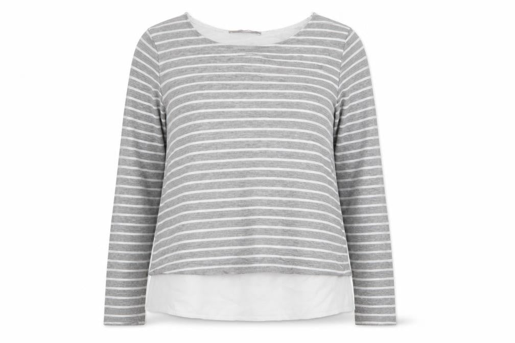 Front view of Atmosphere women’s grey striped basic t-shirt, size UK 12