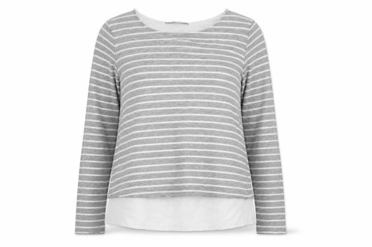 Front view of Atmosphere women’s grey striped basic t-shirt, size UK 12
