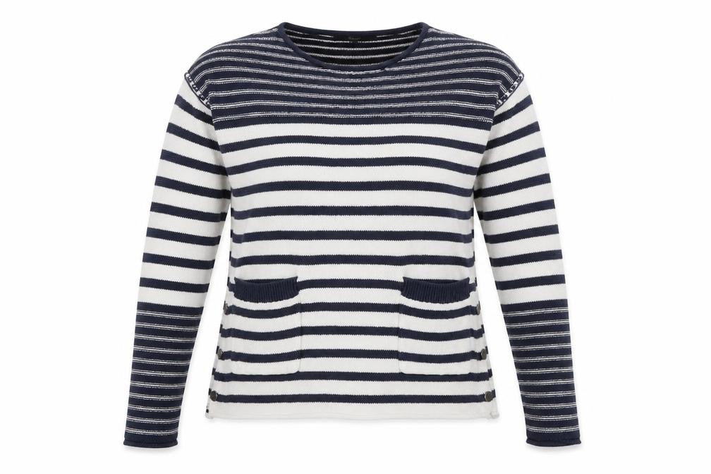 Front view of Next women’s blue striped jumper, size UK 6