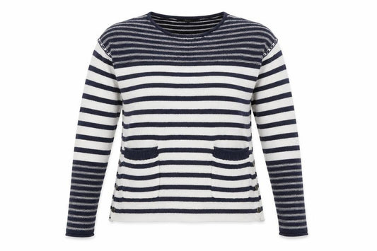 Front view of Next women’s blue striped jumper, size UK 6