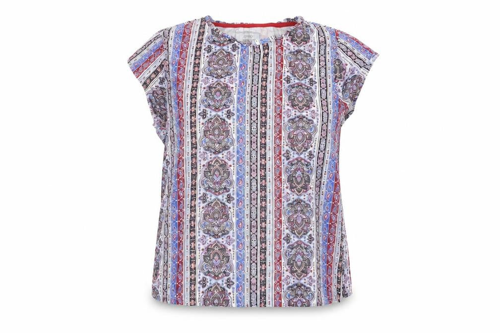 Front view of Pep&Co women’s blue geometric basic blouse, size UK 10