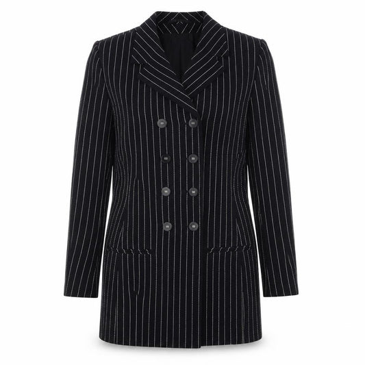 Front view of Rena Lange women’s black striped jacket blazer, size UK 12