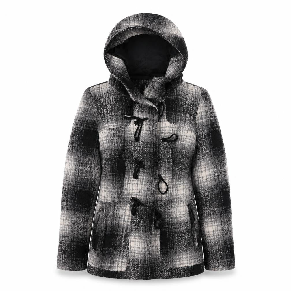 Front view of Atmosphere women’s black check jacket coat, size UK 8