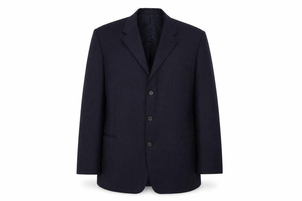 Front view of Super 100's men’s blue striped jacket blazer, size 46