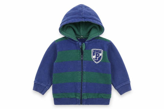 Front view of Preworn Baby Blue Striped Full Zip Jumper, size 9-12, Months