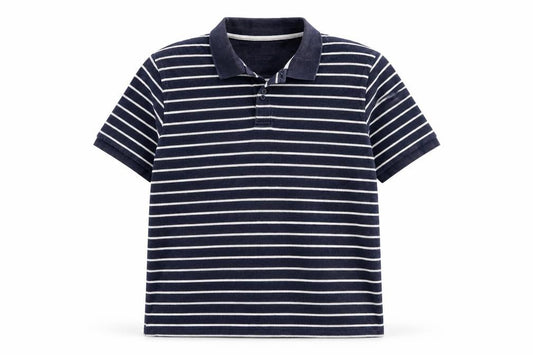 Front view of Easy men’s blue striped knit polo, size 2XL