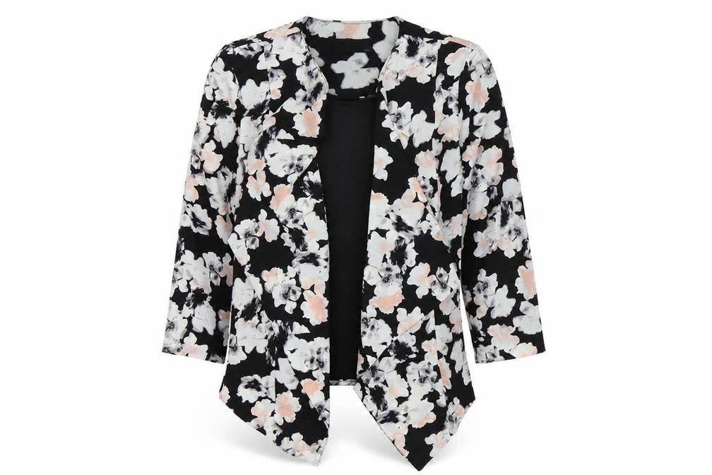 Front view of M&Co women’s black floral jacket, size UK 10