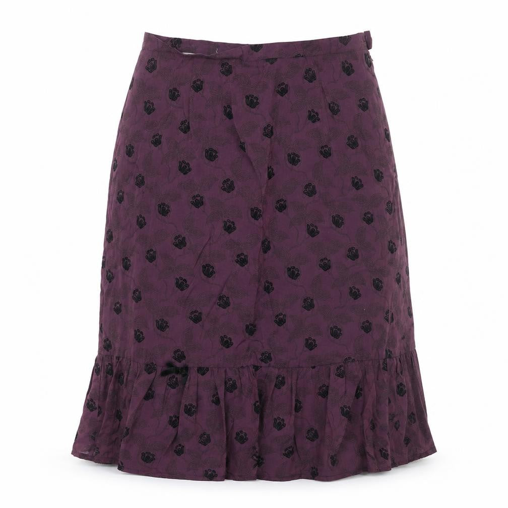 Front view of Renaissance women’s purple geometric a-line skirt, size UK 12