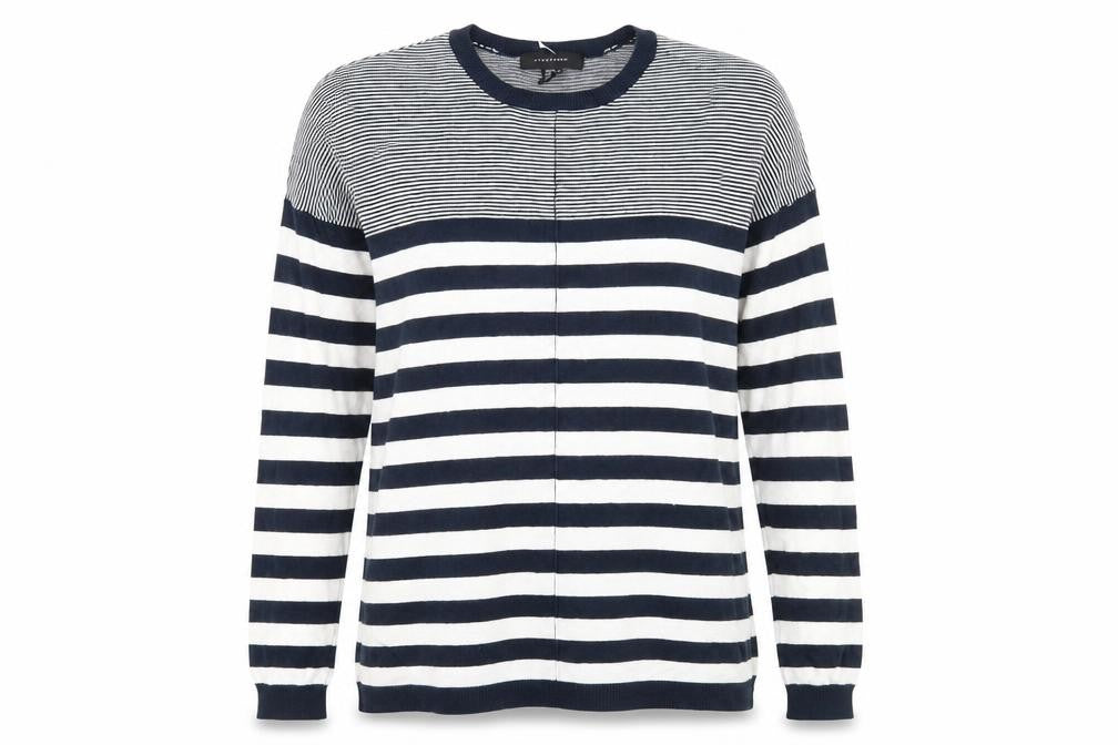 Front view of Atmosphere women’s blue striped knit jumper, size UK 10