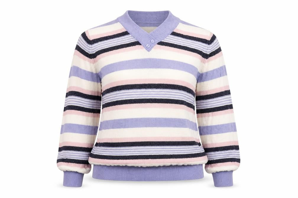 Front view of Isle women’s purple striped knit jumper, size UK 10