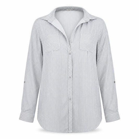Front view of Pasport women’s grey striped basic button-up, size L