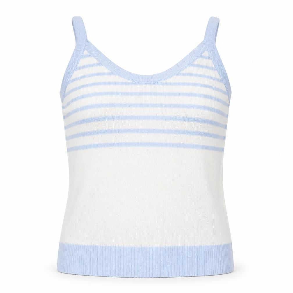 Front view of Tersuisse women’s blue striped rayon basic tank, size UK 16
