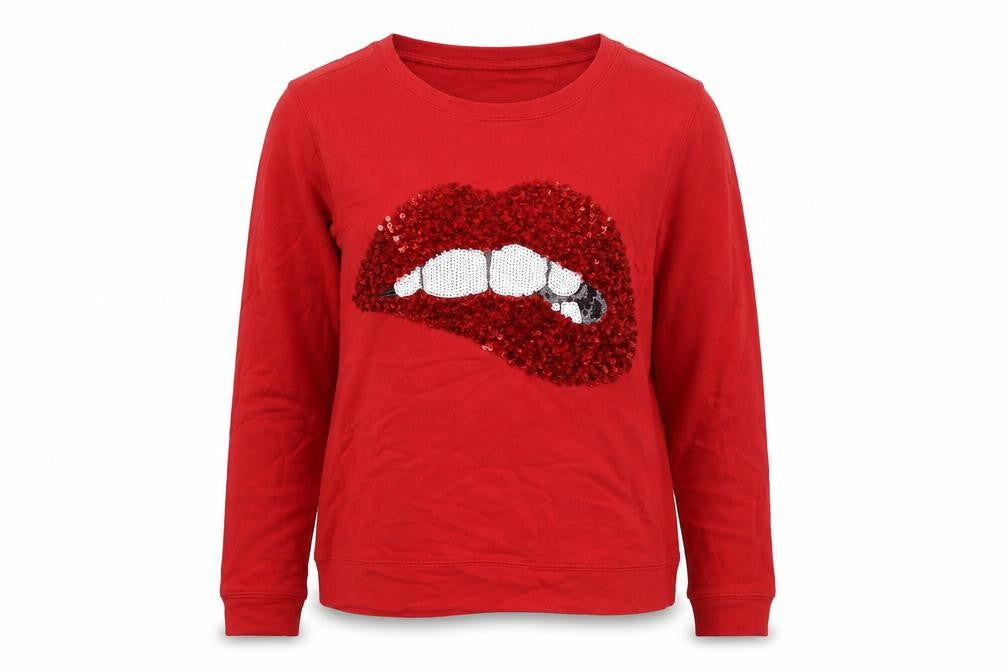Front view of H&M women’s red pullover sweatshirt, size XS