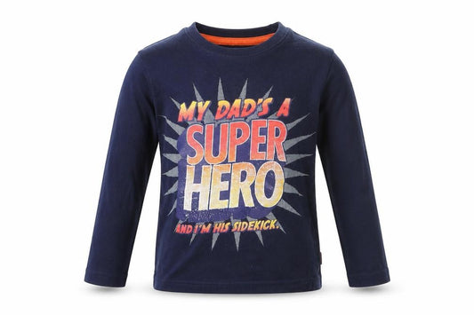 Front view of Primark boys’ blue pullover sweatshirt, size 3-4, years - dad super hero