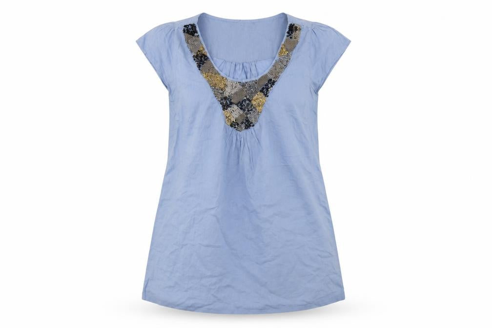 Front view of M&Co women’s blue rayon a-line, size UK 10