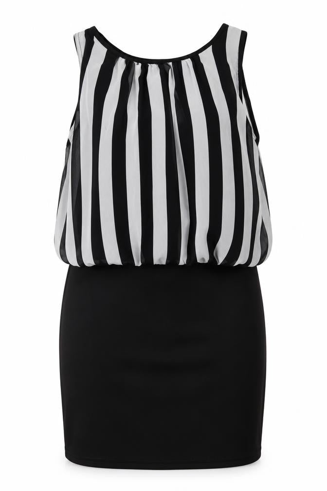 Front view of Cameo Rose women’s black striped mini, size UK 10