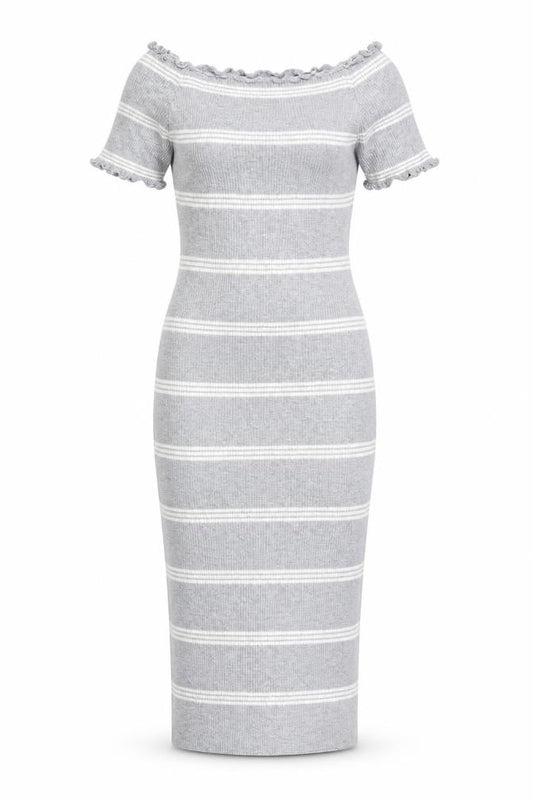 Front view of voyelles women’s grey striped jumper dress, size S