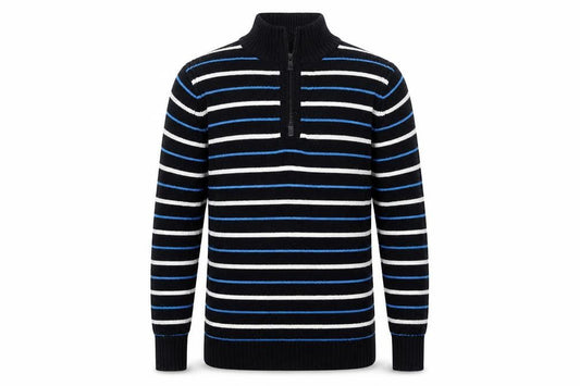 Front view of digginchd men’s black striped cardigan jumper, size S